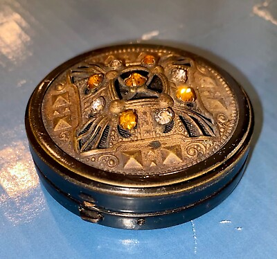 #ad Vintage Round Metal Pill Box Trinket w Mirror Inside Gems On Exterior Top Of Lid $45.00