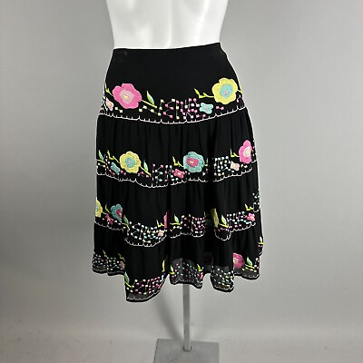 #ad Vtg Y2K Nanette Lepore Tiered Floral Embroidered A Line Skirt 100% Silk Size 4 $29.99