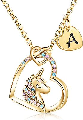 #ad 14K Gold White Gold Rose Gold Plated CZ Heart Unicorn Necklace for Birthday Gift $30.70
