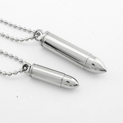 #ad Stainless Steel Bullet Memorial Urn Keepsake Chain Pendant Necklace Silver Gift $9.99