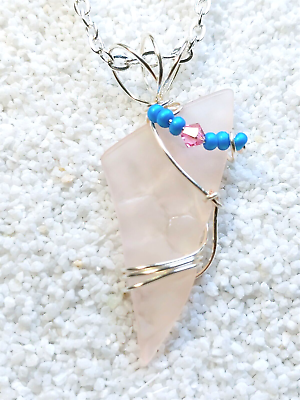 #ad Cultured Sea Glass Pendant Frosted Pink Electric Blue Czech Glass Bead Swarovski $15.00