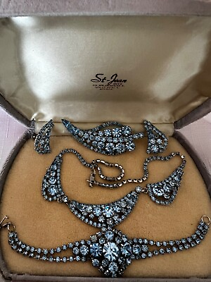 #ad Vintage Necklace Brooch Bracelet Earrings Set Parure Blue Swarovski Crystal $225.00