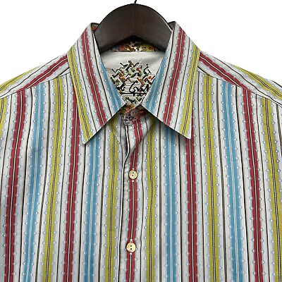 #ad Robert Graham Men#x27;s Button Front Shirt Geometric Multicolor Striped Flip Cuff M $28.52