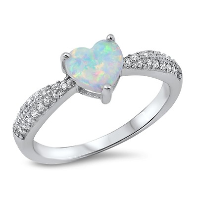 #ad Sterling Silver 925 PRETTY HEART DESIGN WHITE LAB OPAL PROMISE RING SIZES 5 10* $20.27