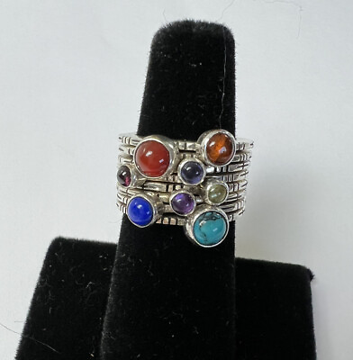 #ad Sterling Multi Gemstone Stacker Ring Set of 8 Size 5 Amber Turquoise Lapis $98.00