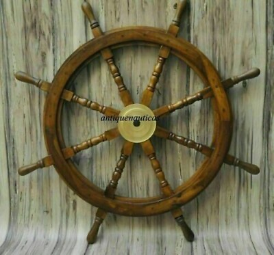 #ad 36 #x27;#x27; Wooden Big Ship Steering Wheel Antique Teak Brass Nautical Pirate Ship#x27;s $229.23