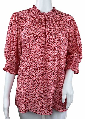 #ad Boden Puff Sleeve Blouse Smocked High Neck Pink Red Floral Viscose US Size 12 $24.99