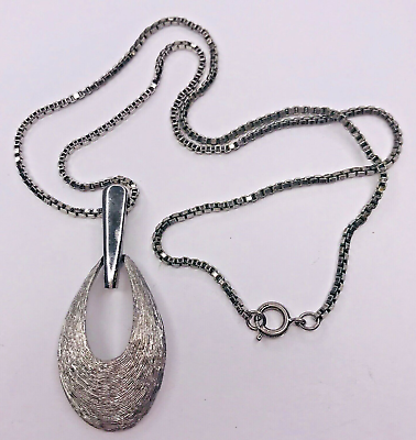 #ad Vintage Silver Tone Necklace Box Chain Oval Pendant Textured 18quot; $15.02