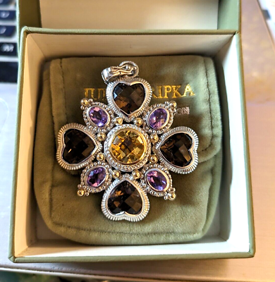 #ad Judith Ripka Sterling Silver 14K Multi Gemstone LARGE Pendant Pin w box pouch $189.90