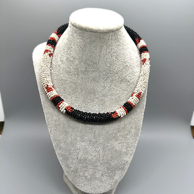 #ad Beaded Choker Necklace Short Collar 19 inch Handmade Artisan Black amp; White $4.98