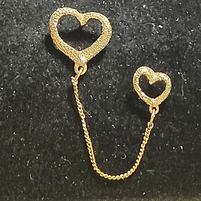 #ad 2 Hearts Brooch connected by chain Gold Tone Love Valentine Lapel Hat Vest Pin $5.99