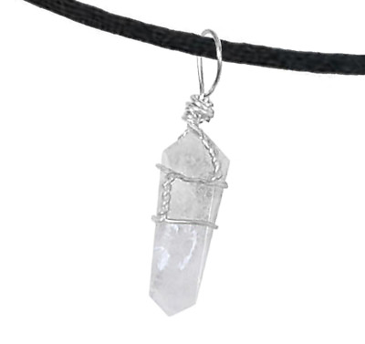 #ad Natural Clear QUARTZ Crystal Wire Wrapped Pendant Double Point amp; BLACK NECKLACE $10.98