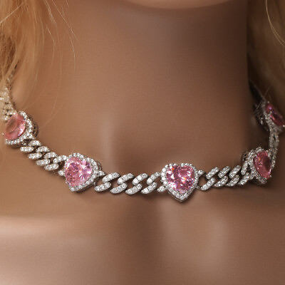 #ad Hip Hop Heart Shape Cuban Link Chain Necklace Women Gift Pink Zircon Jewelry $56.69