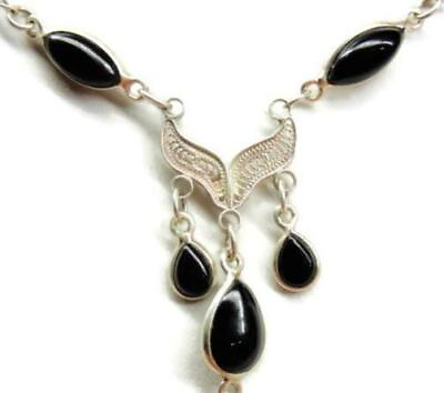 #ad 17quot; Necklace Filigree Black Onyx Teardrop Dangle Chain Vtg Sterling Silver 925 $49.99