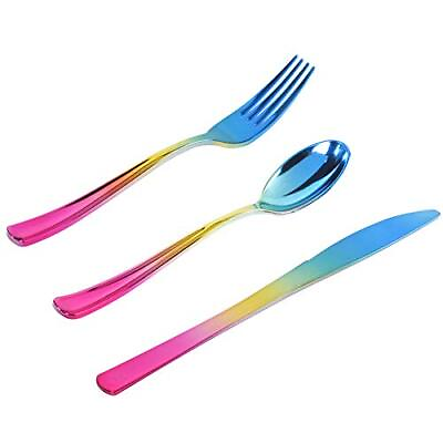 #ad 120pcs Rainbow Silverware SetRainbow Plastic SilverwareRainbow Plastic Cutl... $45.22