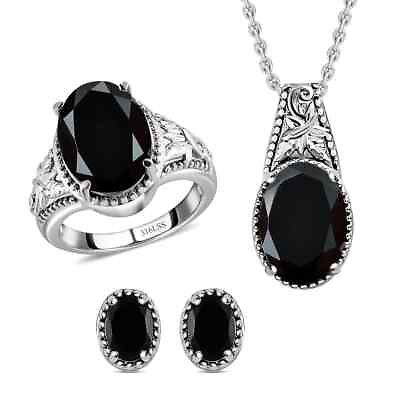 #ad #ad Natural Black Onyx Ring Size 9 Stud Earrings Pendant Necklace Jewelry Set Gift $18.98