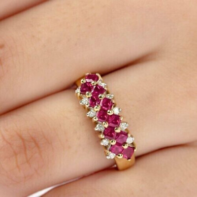 #ad 2 CT Princess Lab Created Ruby 14k Yellow Gold Plated Cluster Eternity Gift Ring $104.99
