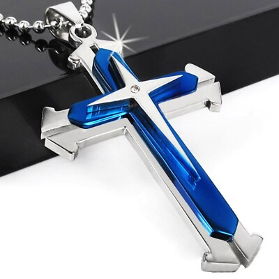 1 PC Chain Stainless Pendant Unisex#x27;s Steel Silver Cross Necklace Men Gift Blue $6.95