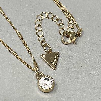 Guess Necklace Gold Tone Clear Crystal Solitaire Pendant Charm Shiny Bling 16quot; $15.19