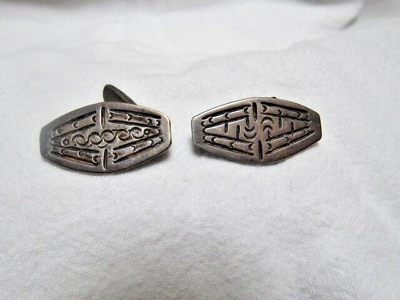 #ad Antique Pair Cufflinks Mexican Taxco Sterling Silver Engraved Oval Chain Style $55.00
