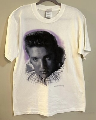 #ad Elvis Presley Big Face Graphic Print White T Shirt 1999 Gildan Cotton Large $22.99