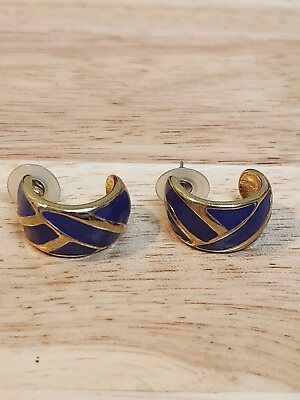 #ad Vintage Gold Tone And Blue Purple Enamel Geometric Half Hoop Pierced Earrings $15.00
