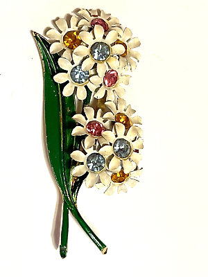 #ad Vintage Enamel Daisy Rhinestone Flower Bouquet Multi Color Gold Tone Brooch Pin $16.99
