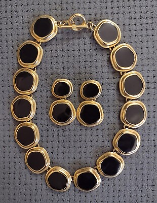 #ad Stunning VTG Gold Tone Black Enamel Chain Link Necklace with Matching Earrings $29.00