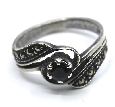 #ad Sterling Silver Swirl Wrap Black Onyx amp; Marcasite Stackable Ring Sz 5.5 $17.99