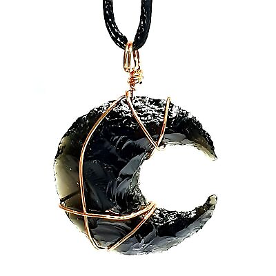 #ad Obsidian Moon Necklace Pendant Copper Wire Wrapped Crystal Gemstone Protection $9.37