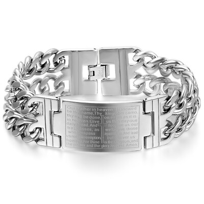 #ad Mens Heavy Stainless Steel Silver Tone Cross Bible LORD#x27;S PRAYER Bracelet Bangle $12.99