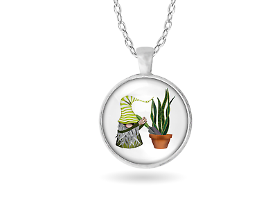 Botanical Plant Gnome Art Silver Necklace Standard Large Pendant Gardener Gift $11.99