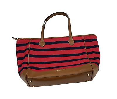 #ad Lauren Ralph Lauren Large Tote Shoulder Bag Red Striped Canvas amp; Tan Leather $39.01