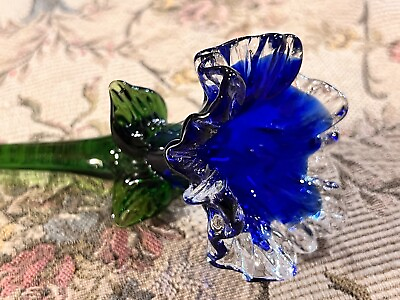 #ad Art Glass Blue And Clear Ruffled Long Stem Glass Flower 12 in $28.00