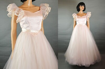 #ad Vintage Cupcake Gown Sz XS 80s Does 50s Pale Pink Satin Tulle Princess Dress $131.75