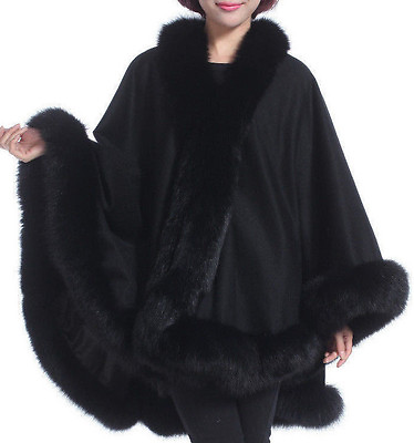 #ad Black Cashmere cape with Fox fur Collar Trim all around one size for all new $479.00