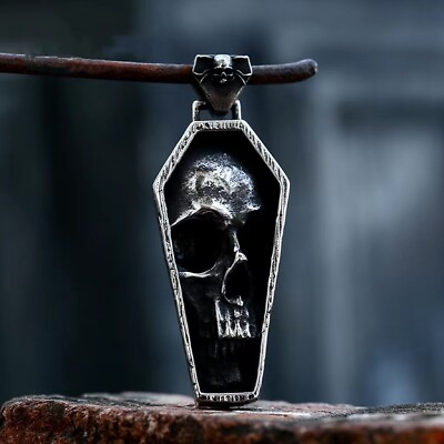 Men Gothic Retro Skull Coffin Pendant Necklace Biker Jewelry Stainless Steel 24quot; $10.99