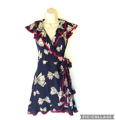 #ad Nanette Lepore Silk Swept Away Wrap Dress Bow Print 0 Classic Designer VGUC $22.99