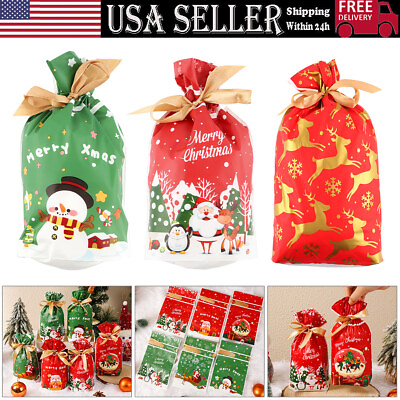 #ad 30X Christmas Sacks Party Gift Bags Drawstring Wrap Present Sturdy Storage USA $13.68