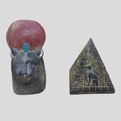 #ad RARE ANCIENT EGYPTIAN PHARAONIC ANTIQUE HEAD OF SEKHMET GOD AND PYRAMID STATUE $116.00