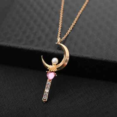 #ad SAILOR MOON NECKLACE Gold amp; Pink Gem Moon Stick Wand Pendant Anime Gift $5.45