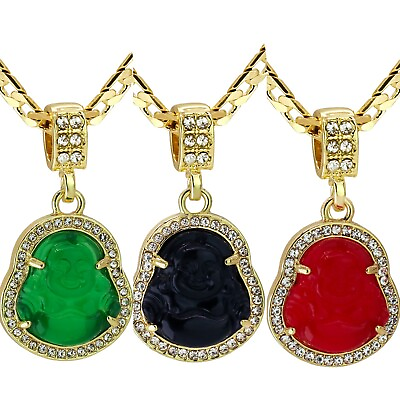 3Pc Set Iced Cubic Zirconia Buddha Necklace 14K Gold Plated Lucky Smiling Buddha $29.99