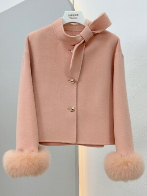 #ad Winter Bow Fox Fur Trim Cashmere 100% Woolen Short Coats Jacket Women Outwear $151.82