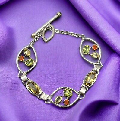 #ad 925 Sterling Multi Gemstone Semi Precious Stone Toggle Bracelet 8” $85.50