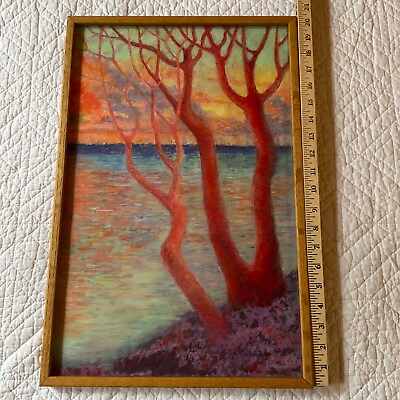 #ad Sunset sunrise trees landscape original chalk drawing hand drawn by Sterling WOW $227.00