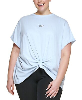 #ad DKNY Women#x27;s Sport Plus Knot Front Metallic Logo T Shirt Blue Size 3X $13.14