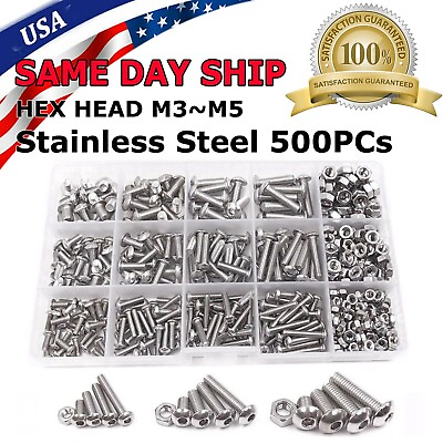 #ad US 500pcs Stainless Steel Hex Socket Cap Head Bolts Screws Nuts M3 M4 M5 304 Kit $18.75
