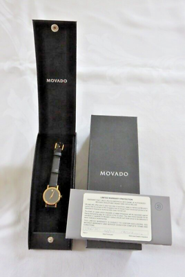 #ad MOVADO Museum Classic Black Dial Women#x27;s Gold Slim Black Leather Strap Watch $300.00