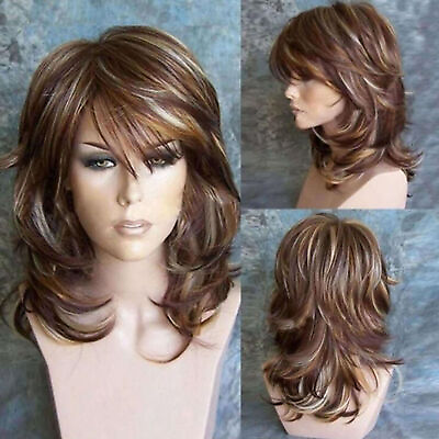 #ad Women Curly Wavy Mixed Color Brown Hair Wig Synthetic Natural Wigs Cosplay Party $20.99