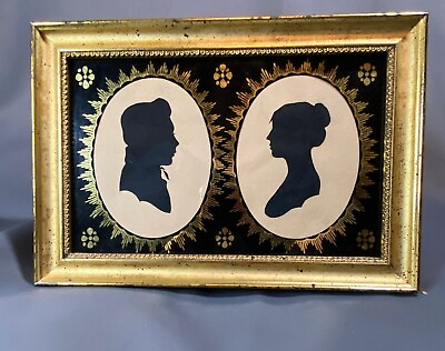 #ad Antique Silhouette Portraits Verre Eglomise Hollow cut Att. W. Chamberlain RARE $399.00